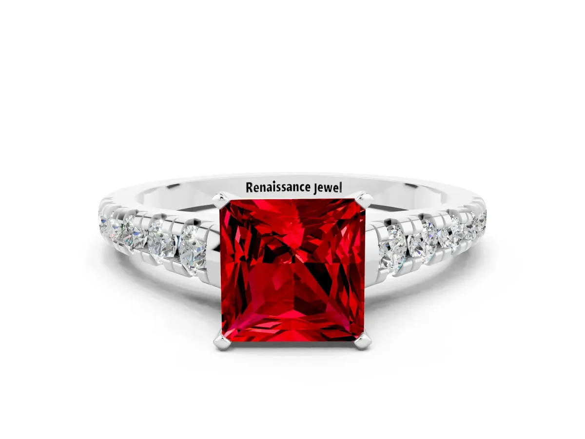Princess Cut Ruby Cathedral Solitaire Ring with Round Pavé Band White gold