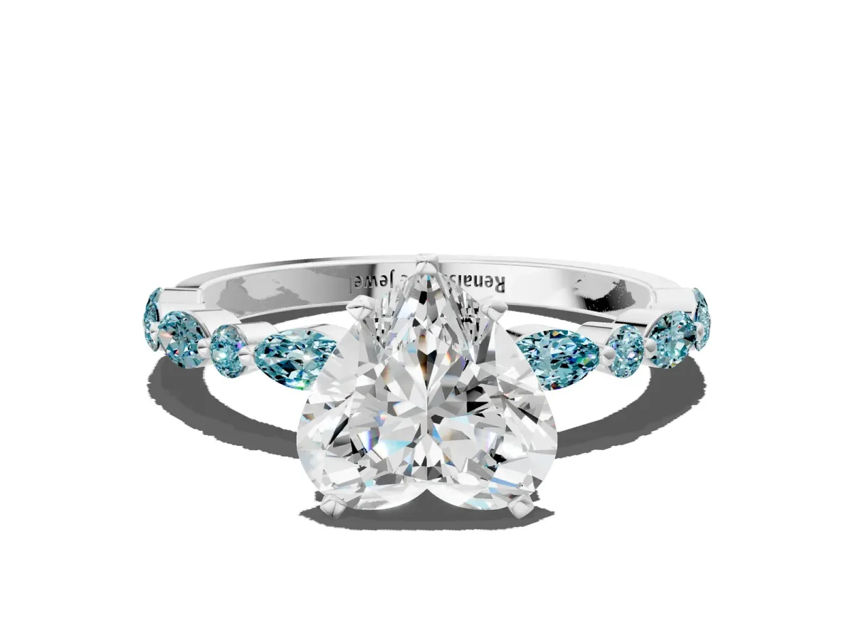 Heart Cut Diamond Ring with Marquise and Round Blue Topaz Side Stones and Four-Prong Setting Platinum