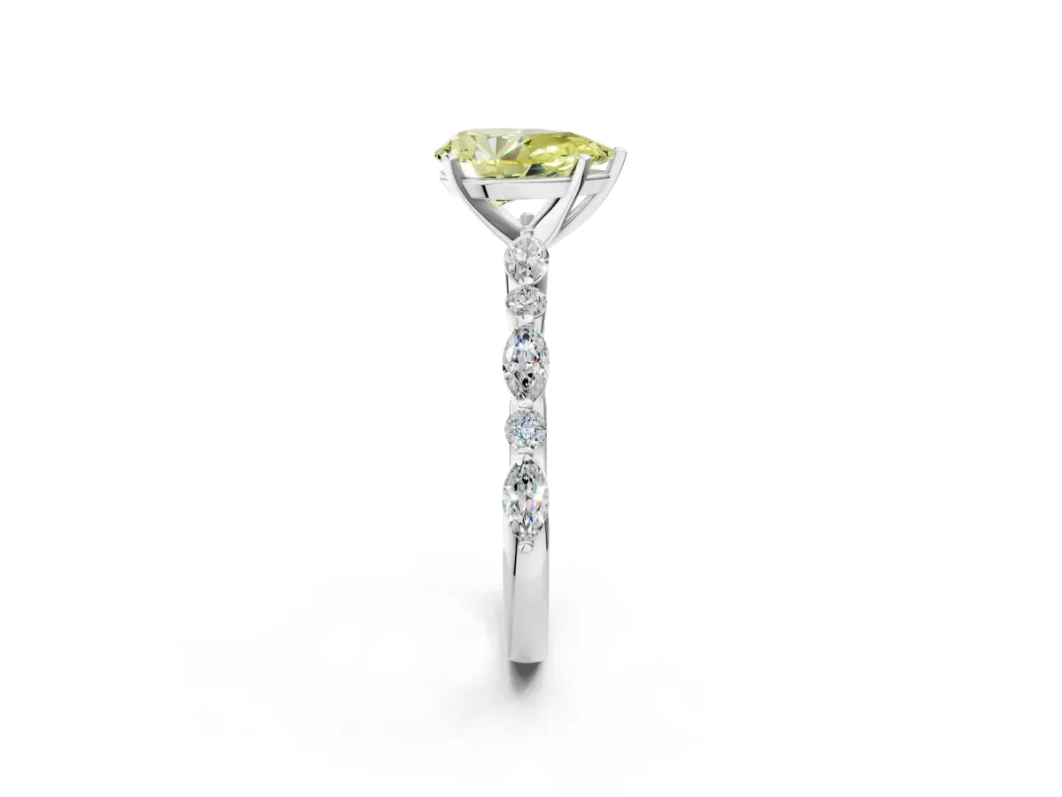 Fancy Yellow Pear Cut Diamond Ring with Marquise and Round Side Stones and Four-Prong Setting Platinum