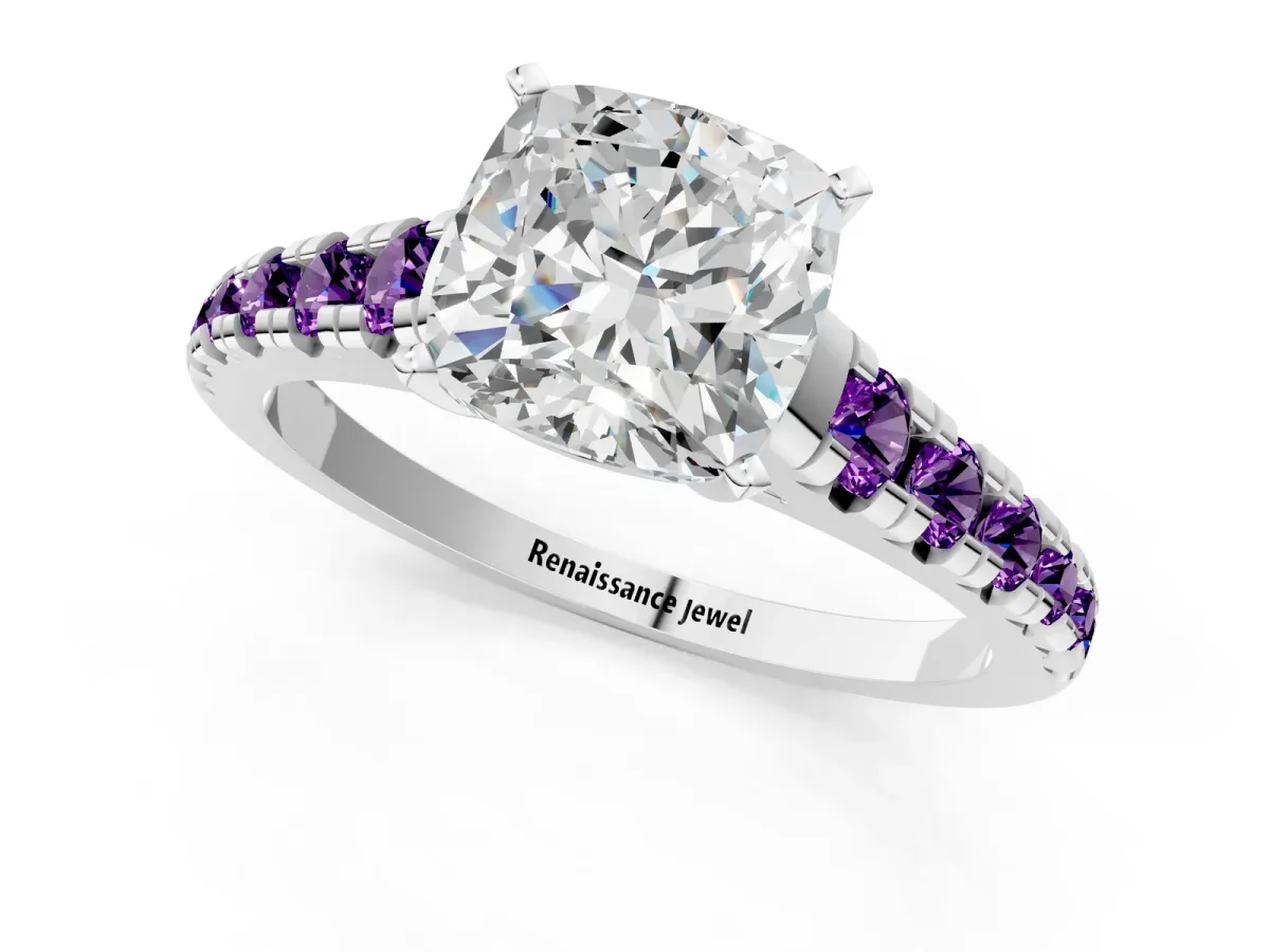 Cushion Cut Diamond Cathedral Solitaire Ring with Round Amethyst Pavé Band Silver