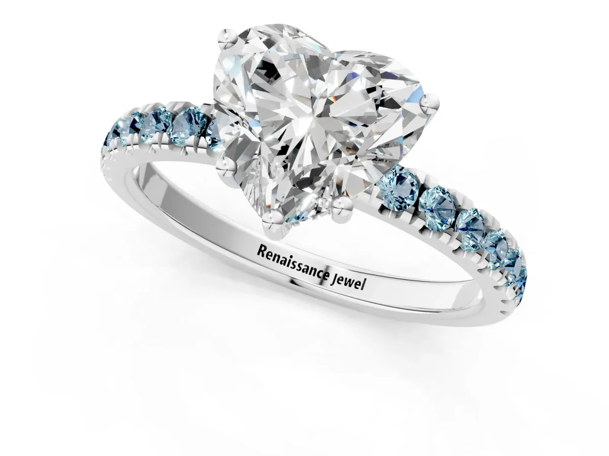 Heart Cut Diamond Pave Band Solitaire Ring with Round Aquamarine and Prong Setting Silver
