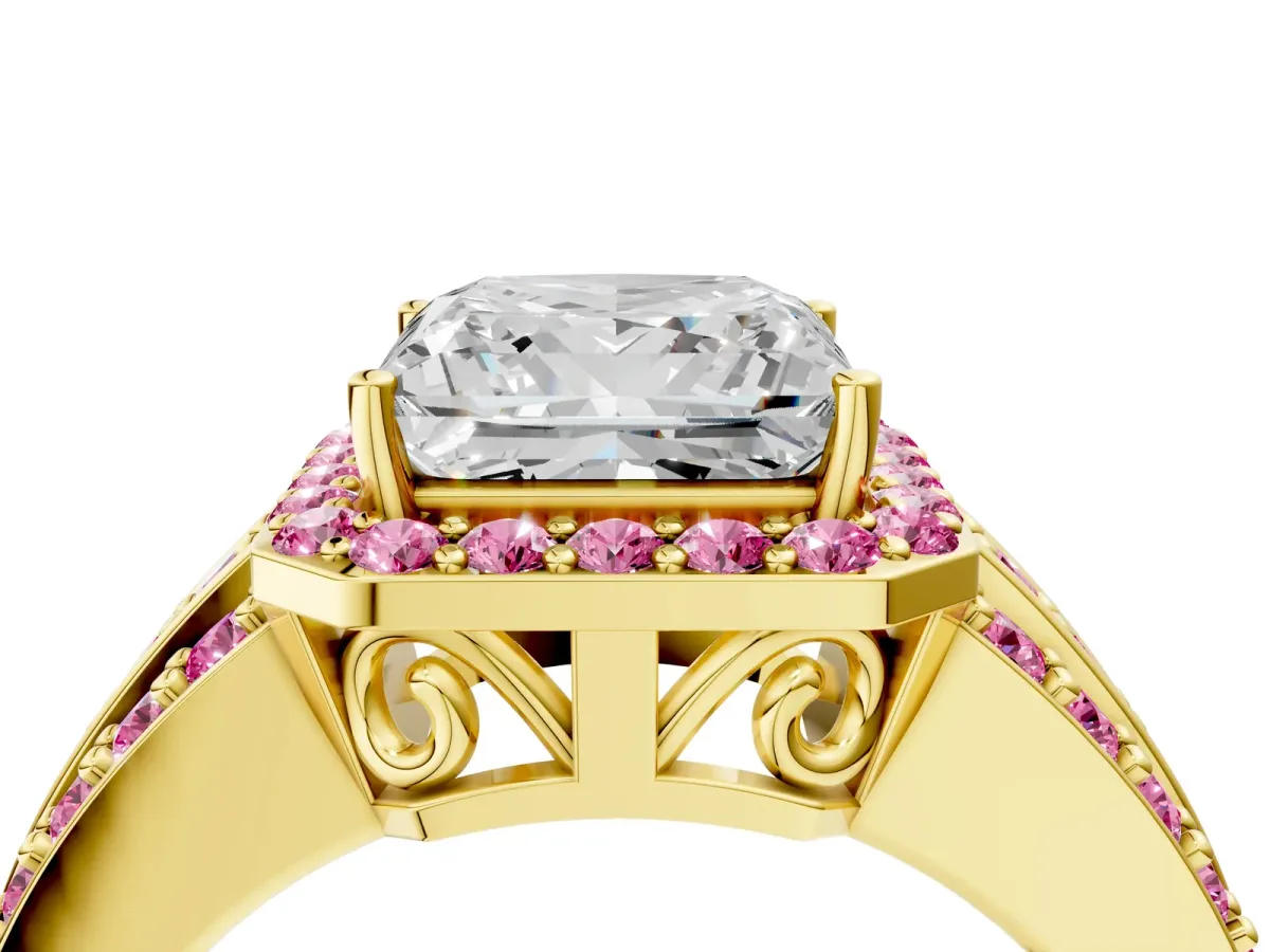 Princess Cut Halo Diamond Ring with Round Pink Sapphire Split Shank and Prong Setting Yellow gold