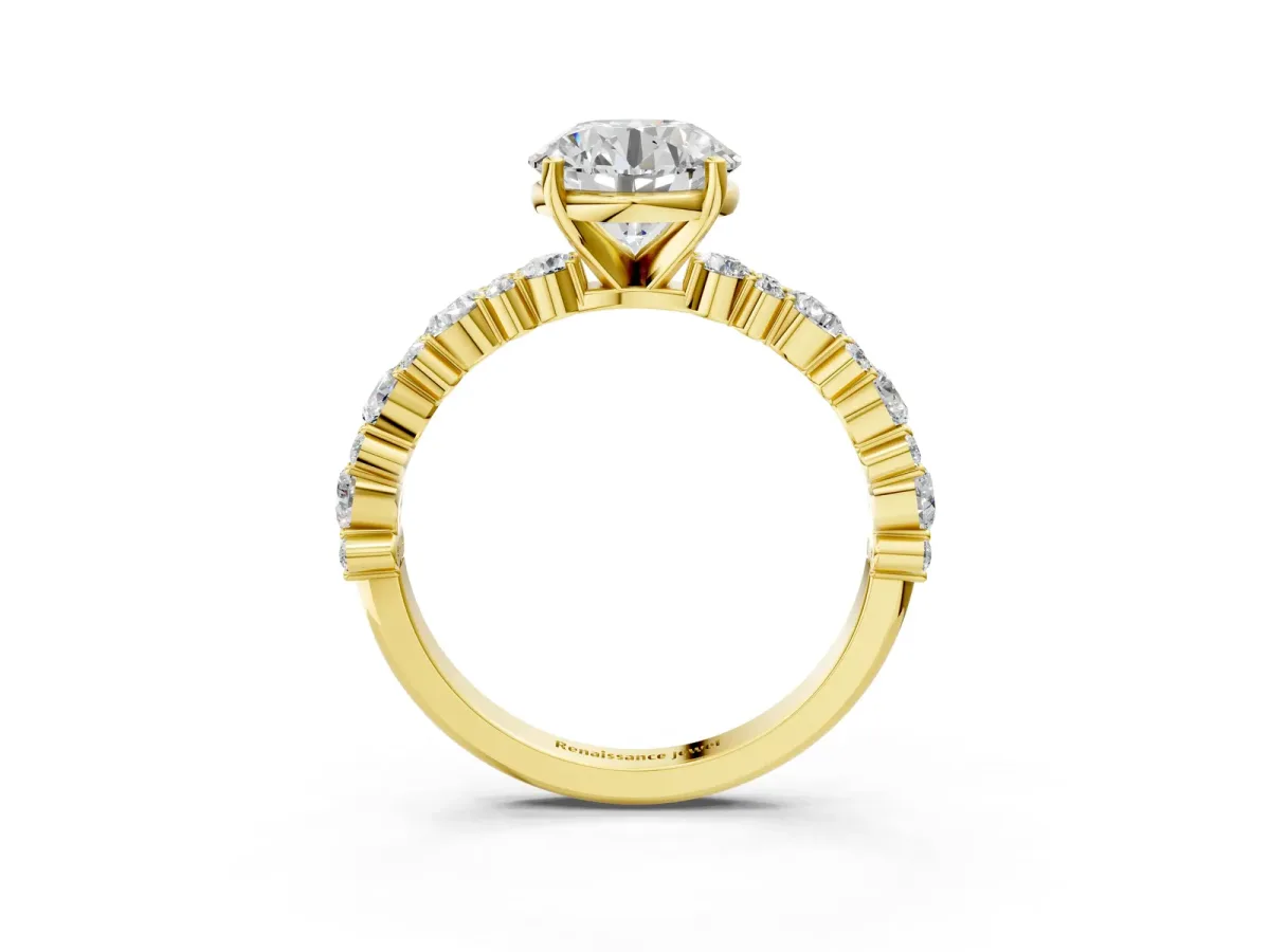 Round Cut Diamond Side Stone Solitaire Ring with Round Moissanite and Four-Prong Setting Yellow gold