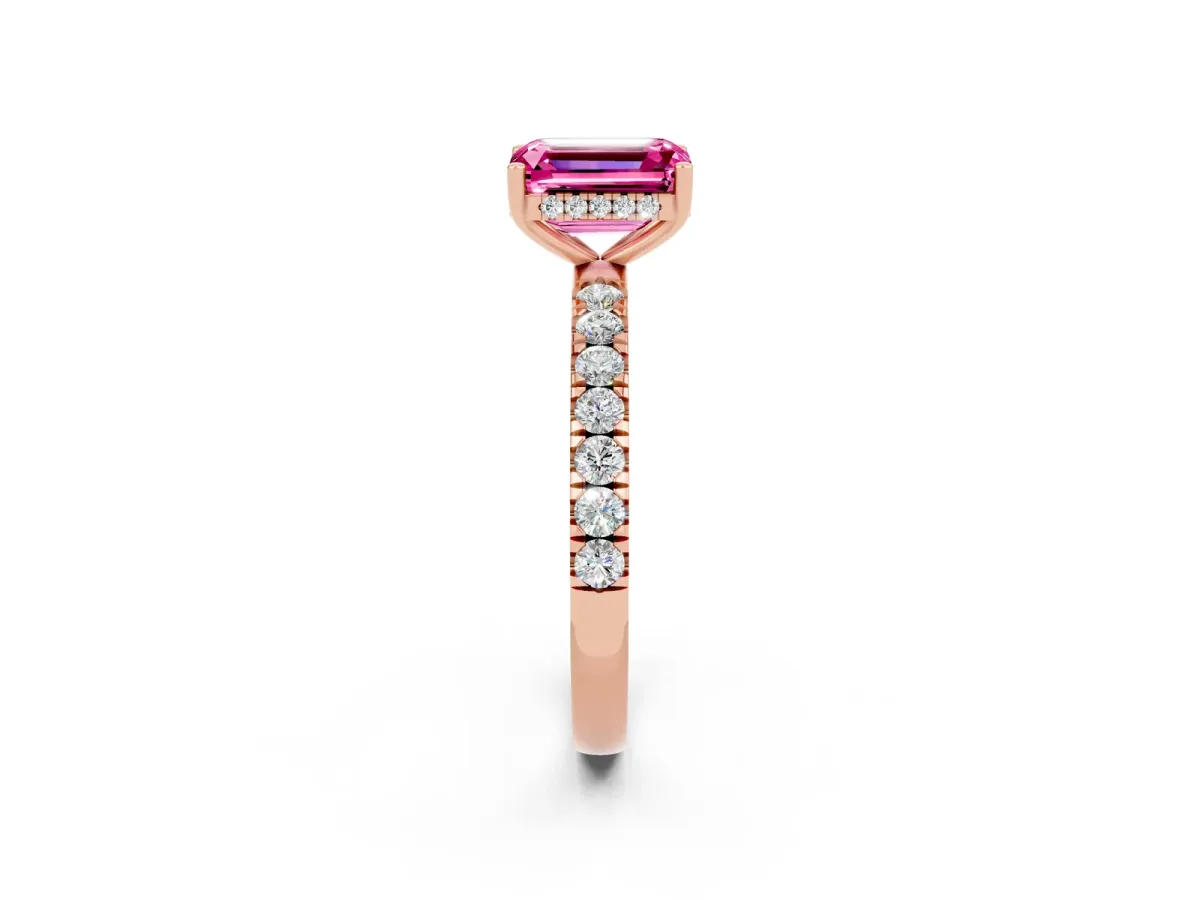 Emerald Cut Pink Sapphire Pave Band Solitaire Ring with Round and Prong Setting Rose gold
