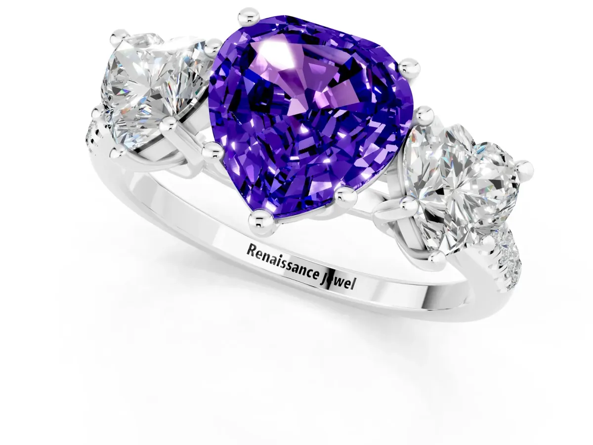 Three-Stone Heart Cut Tanzanite Ring with Round Pavé Band and Prong Setting Silver
