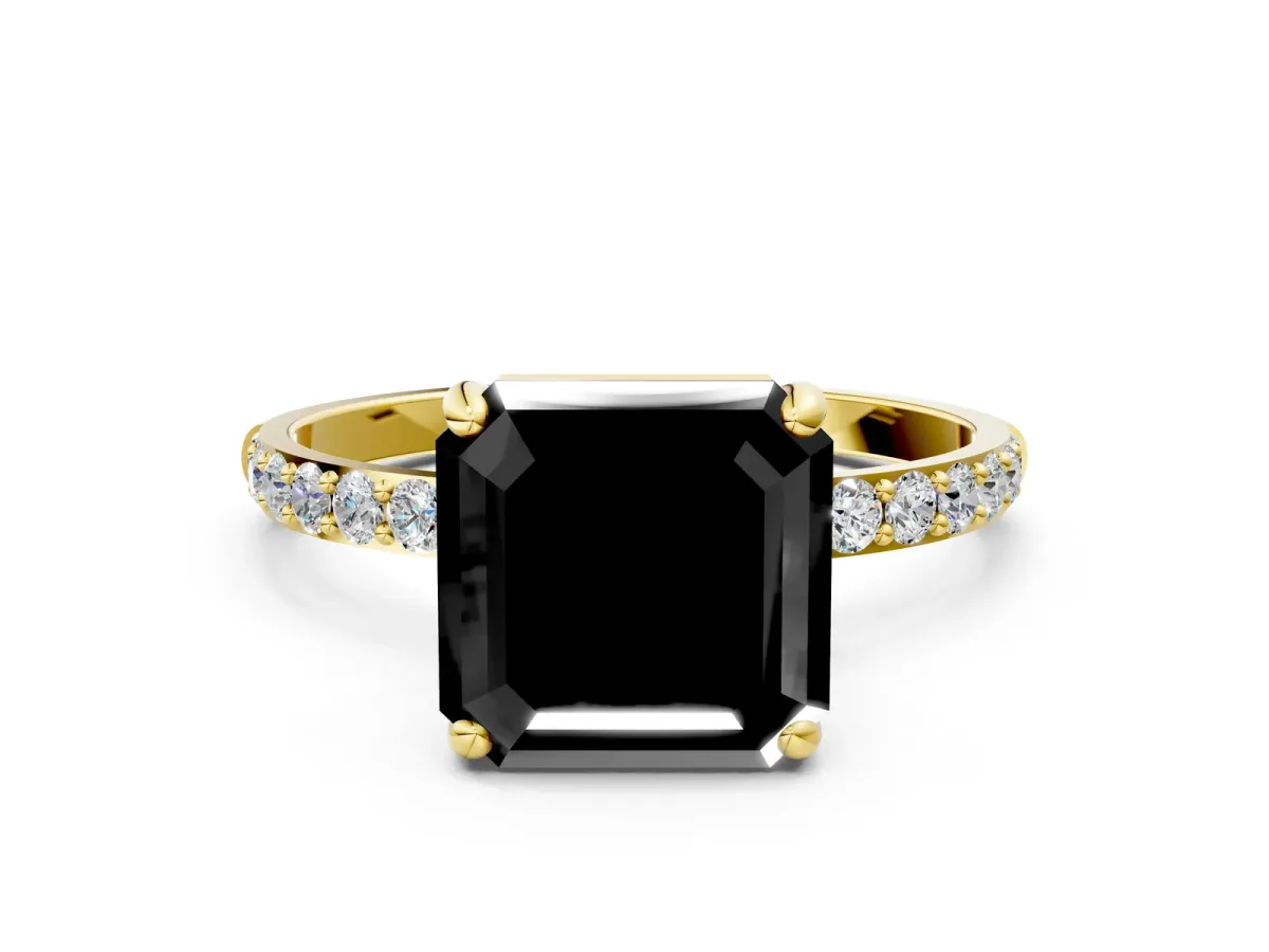 Fancy Black Asscher Cut Diamond Solitaire Ring with Round Pavé Band and Prong Setting Yellow gold