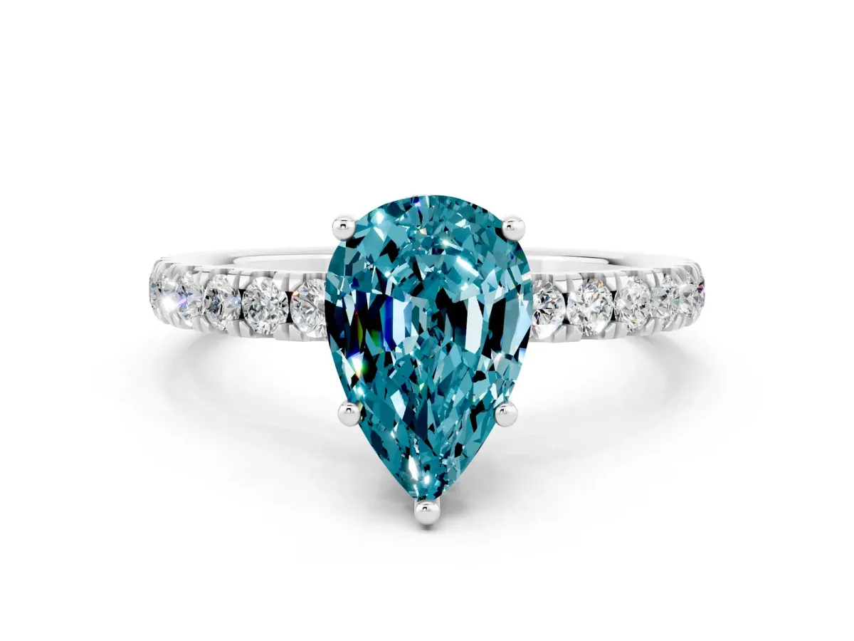 Pear Cut Blue Topaz Pave Band Solitaire Ring with Round and Prong Setting White gold