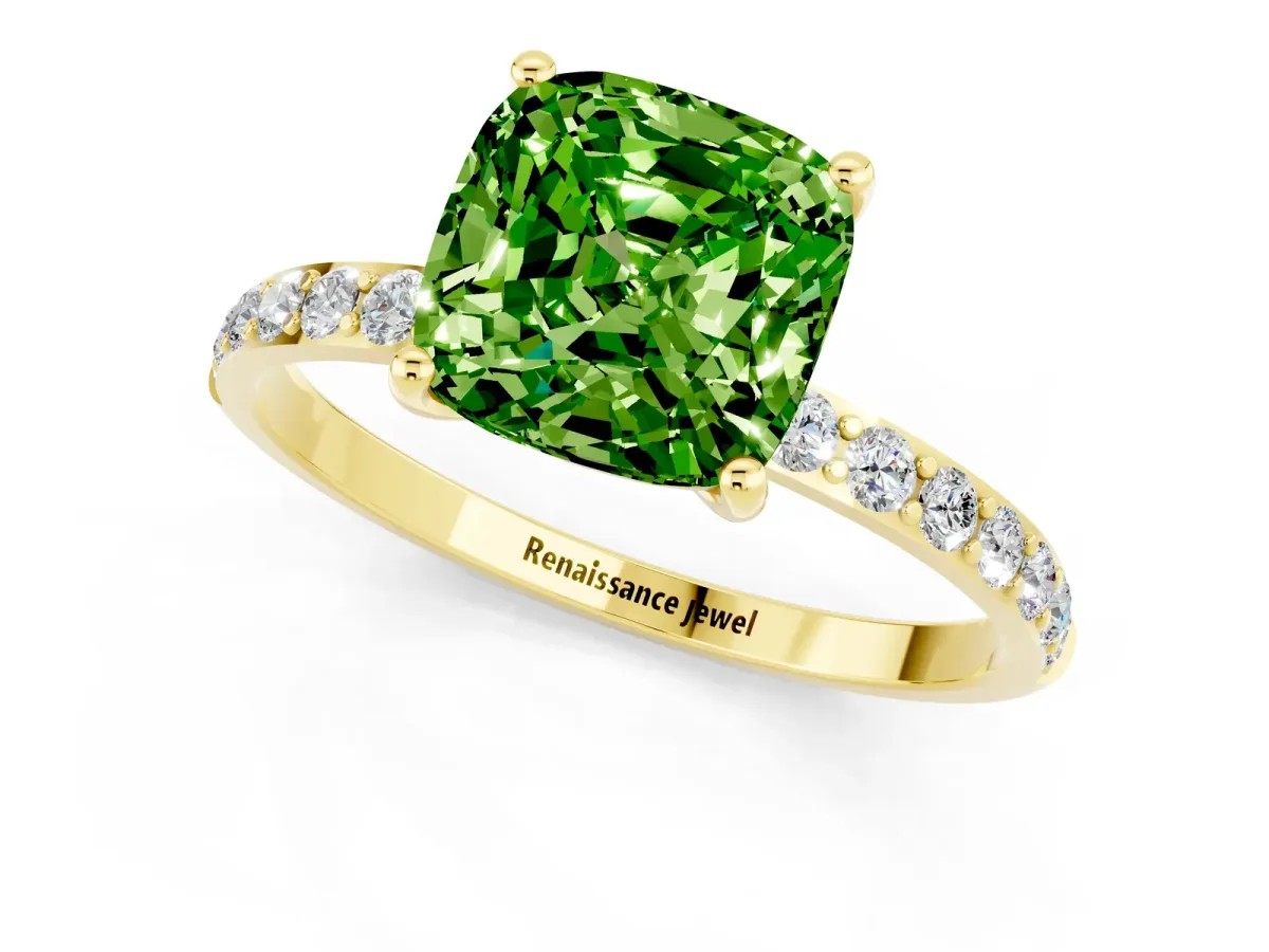Cushion Cut Peridot Solitaire Ring with Round Pavé Band and Prong Setting Yellow gold