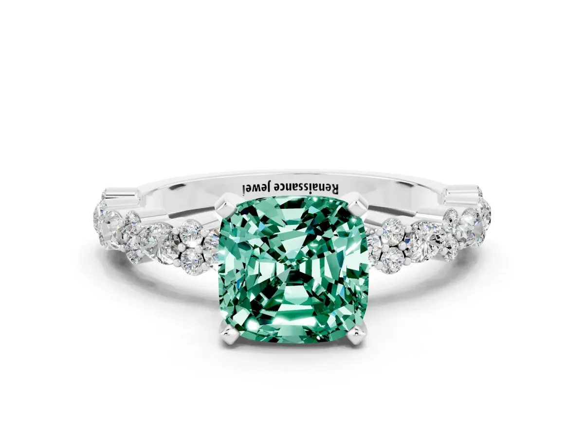 Cushion Cut Green Sapphire Side Stone Solitaire Ring with Round and Four-Prong Setting Platinum