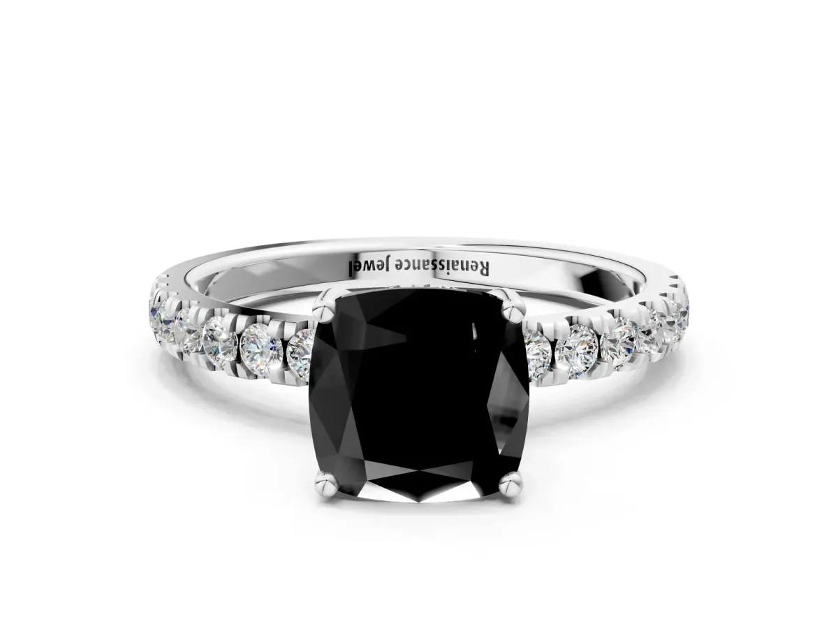 Fancy Black Cushion Cut Diamond Pave Band Solitaire Ring with Round and Prong Setting Silver
