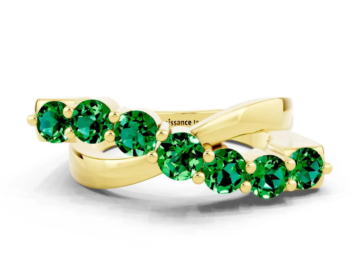 Round Emerald Prong-Set Crossover Band Yellow gold