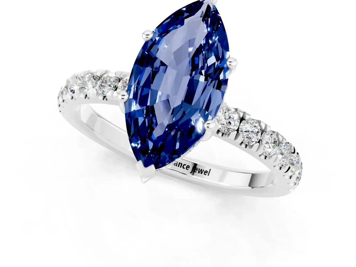 Marquise Cut Blue Sapphire Pave Band Solitaire Ring with Round and Prong Setting Platinum