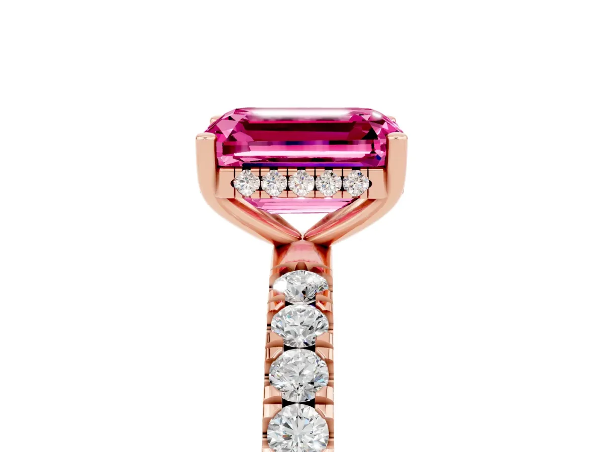 Emerald Cut Pink Sapphire Pave Band Solitaire Ring with Round and Prong Setting Rose gold