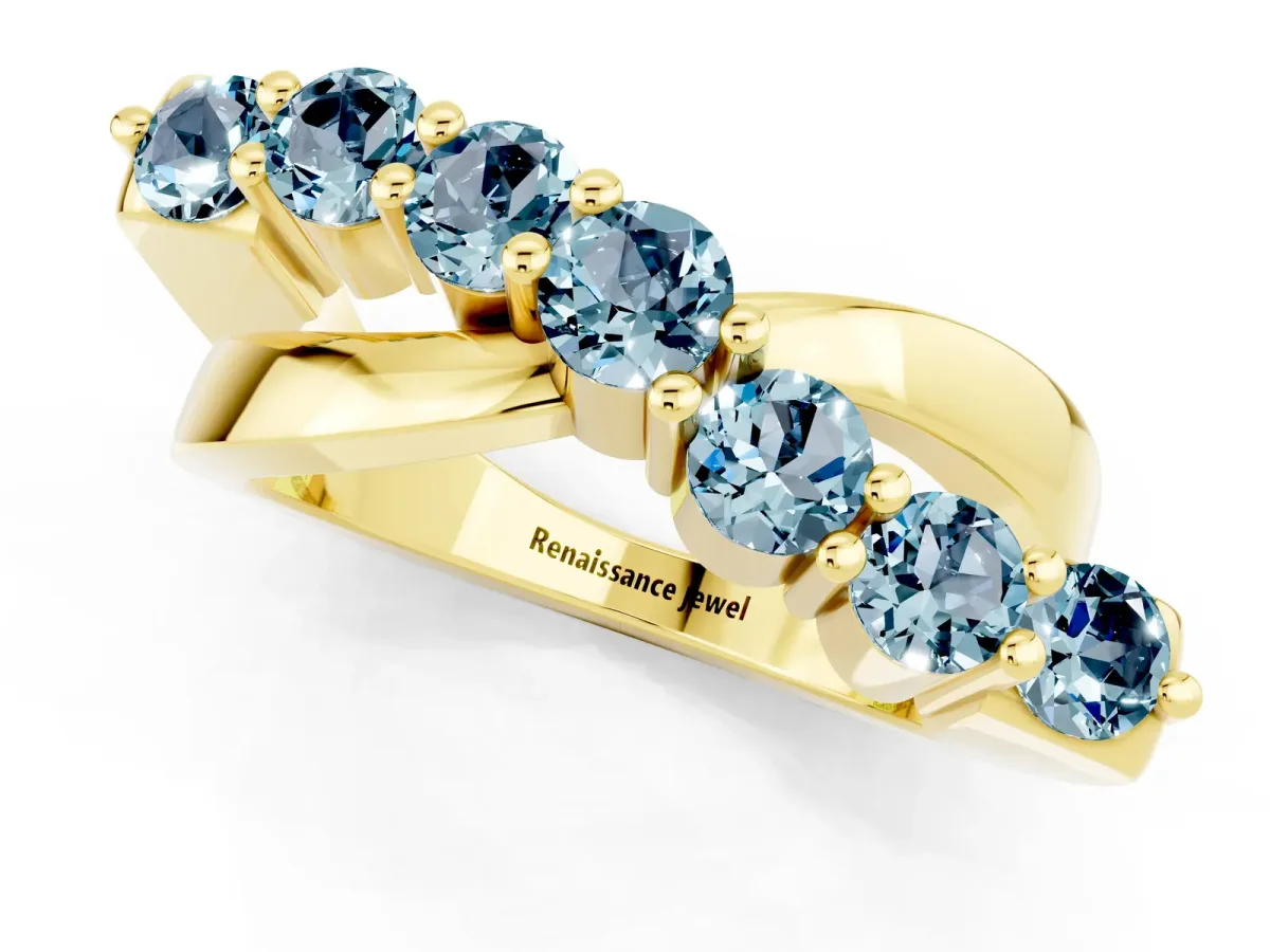 Round Aquamarine Prong-Set Crossover Band Yellow gold