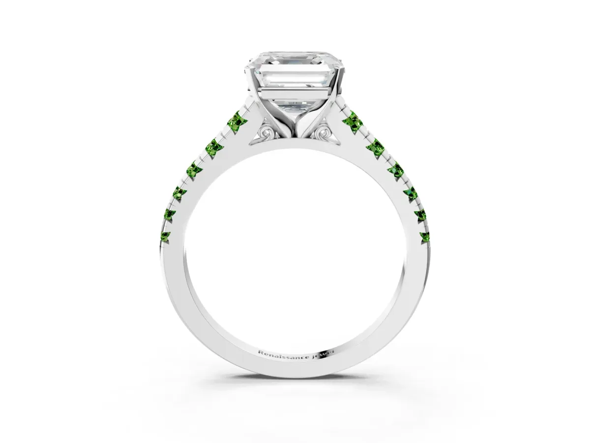 Asscher Cut Diamond Cathedral Solitaire Ring with Round Peridot Pavé Band Platinum
