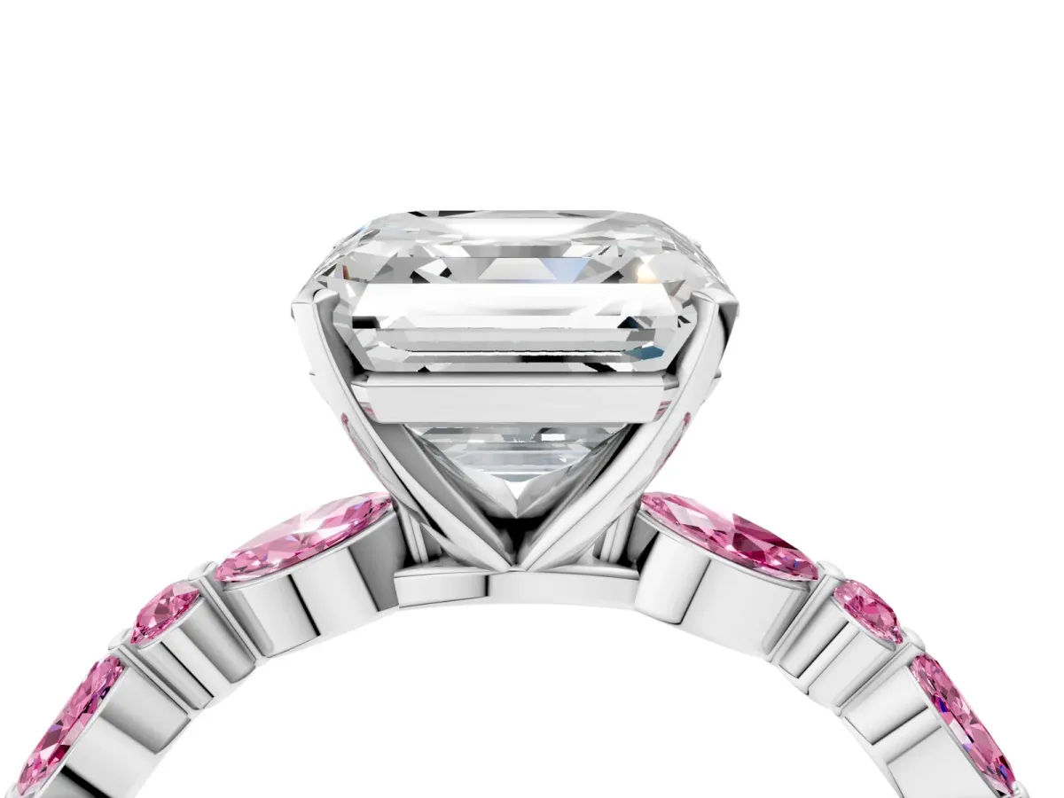 Asscher Cut Diamond Ring with Marquise and Round Pink Sapphire Side Stones and Four-Prong Setting Silver