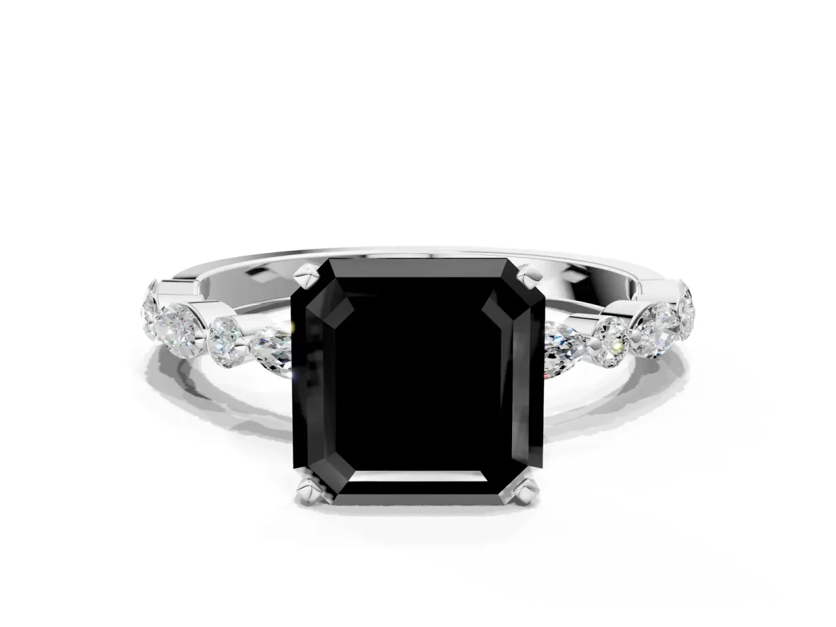 Fancy Black Asscher Cut Diamond Ring with Marquise and Round Side Stones and Four-Prong Setting Platinum