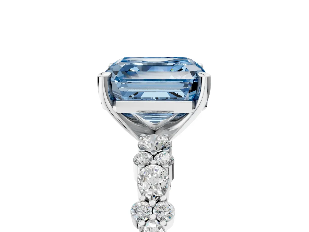 Fancy Blue Asscher Cut Diamond Side Stone Solitaire Ring with Round and Four-Prong Setting Platinum