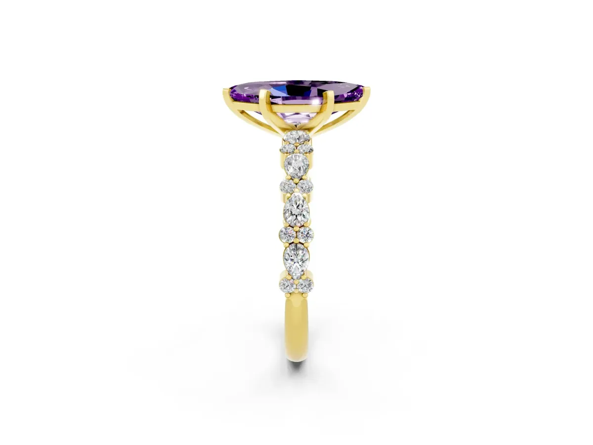 Marquise Cut Amethyst Side Stone Solitaire Ring with Round and Four-Prong Setting Yellow gold