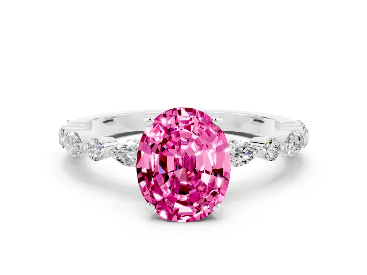 Oval Cut Pink Sapphire Ring with Marquise and Round Side Stones and Four-Prong Setting Platinum