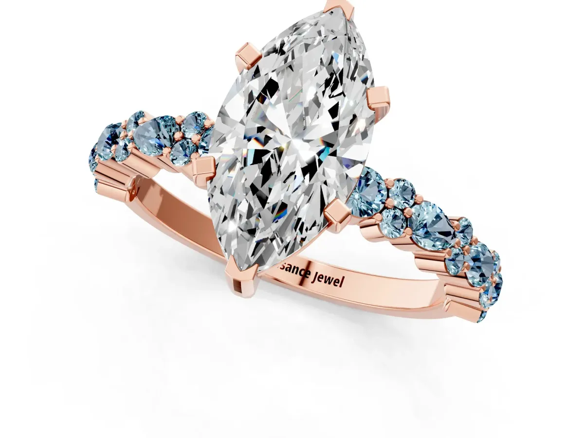 Marquise Cut Diamond Side Stone Solitaire Ring with Round Aquamarine and Four-Prong Setting Rose gold