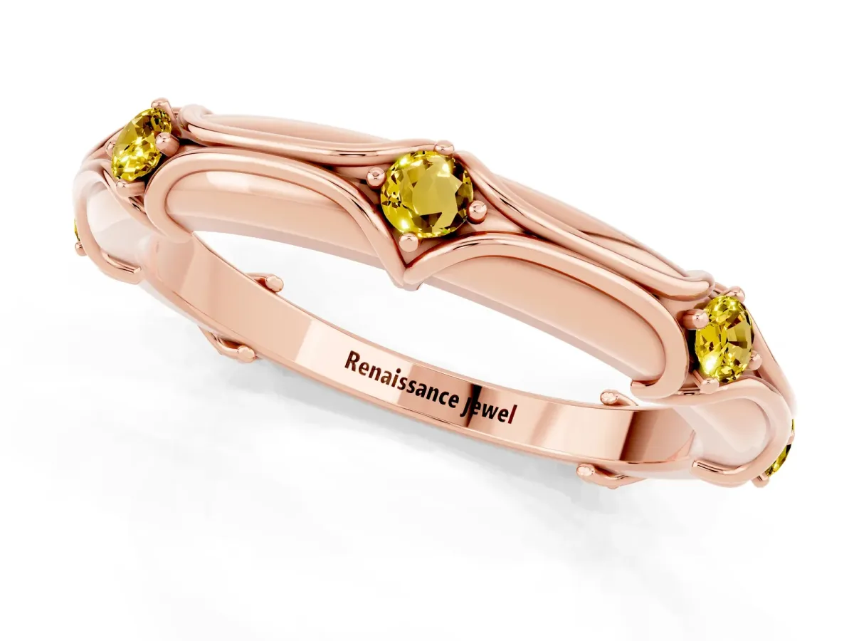 Round Yellow Sapphire Prong Set Milgrain Eternity Band Rose gold