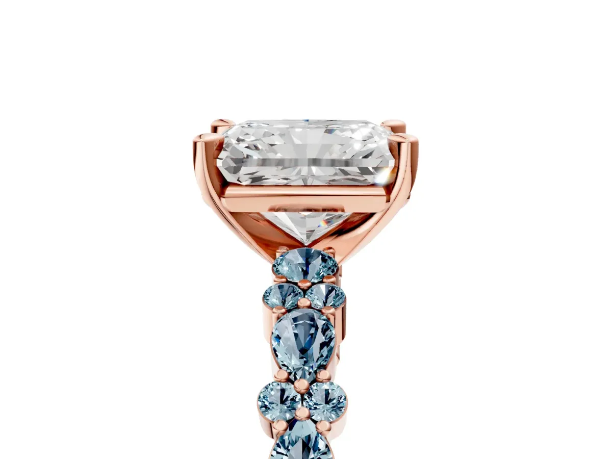 Radiant Cut Diamond Side Stone Solitaire Ring with Round Aquamarine and Four-Prong Setting Rose gold