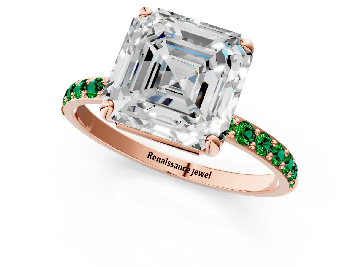 Asscher Cut Diamond Solitaire Ring with Round Emerald Pavé Band and Prong Setting Rose gold