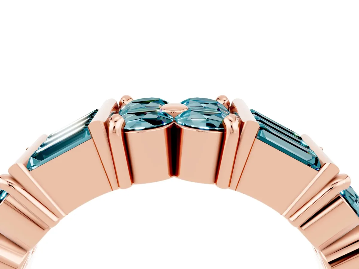 Channel Set Round and Baguette Blue Topaz Anniversary Band with Prong Setting Rose gold