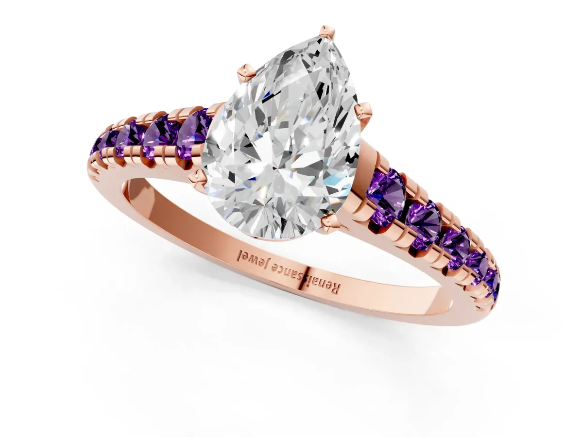 Pear Cut Diamond Cathedral Solitaire Ring with Round Amethyst Pavé Band Rose gold