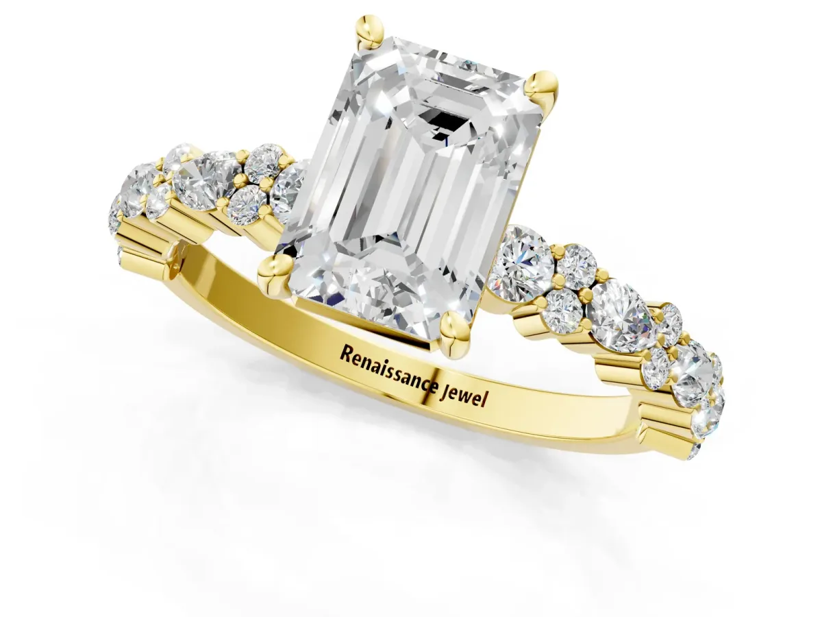 Emerald Cut Diamond Side Stone Solitaire Ring with Round Moissanite and Four-Prong Setting Yellow gold