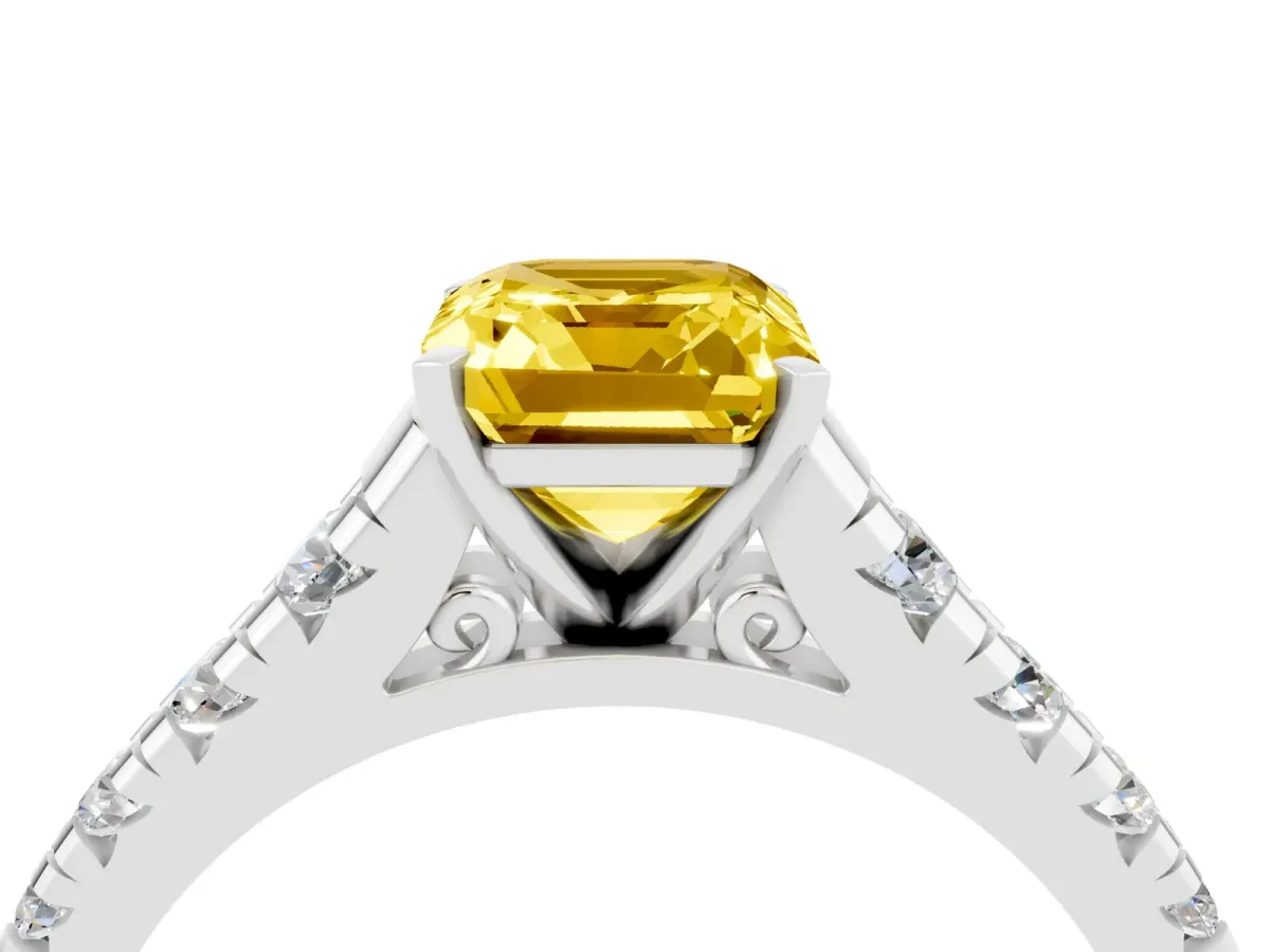 Emerald Cut Yellow Sapphire Cathedral Solitaire Ring with Round Pavé Band White gold