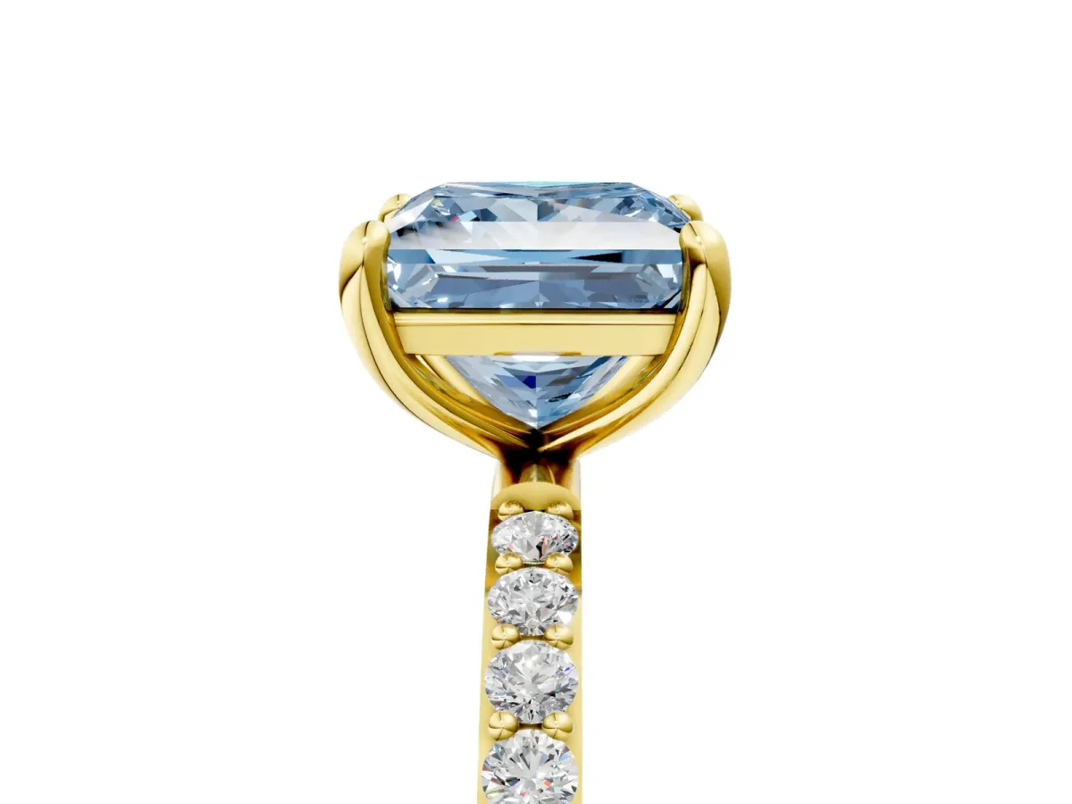 Fancy Blue Princess Cut Diamond Solitaire Ring with Round Pavé Band and Prong Setting Yellow gold