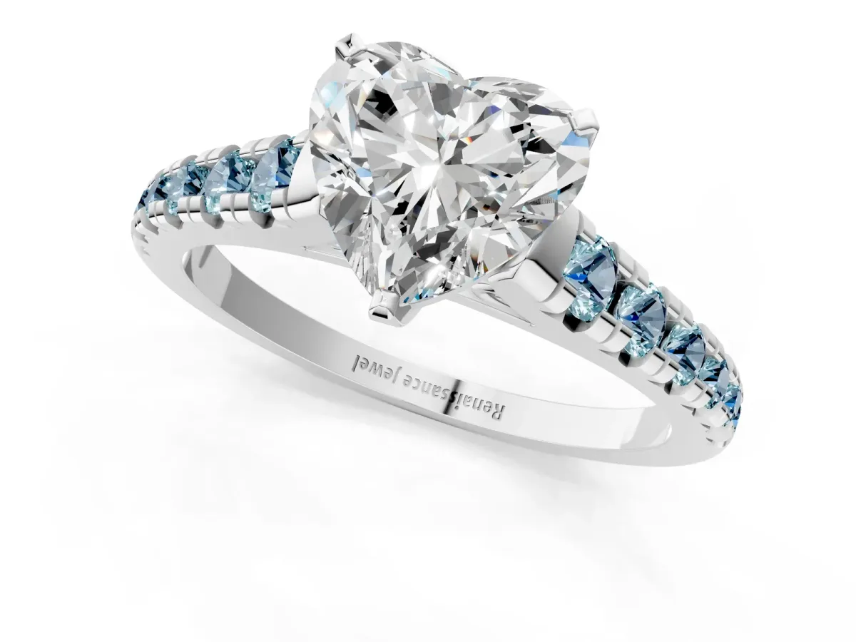 Heart Cut Diamond Cathedral Solitaire Ring with Round Aquamarine Pavé Band Silver