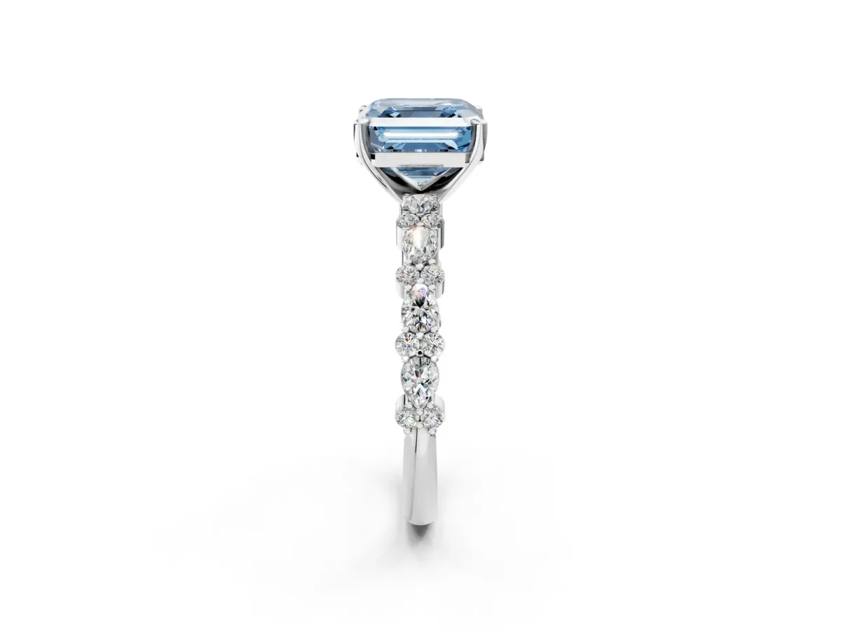 Fancy Blue Asscher Cut Diamond Side Stone Solitaire Ring with Round and Four-Prong Setting Platinum
