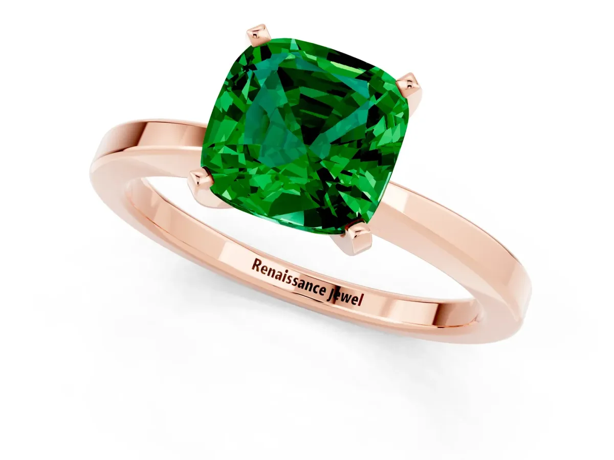 Cushion Cut Emerald Solitaire Engagement Ring with Classic Band and Four-Prong Setting Rose gold
