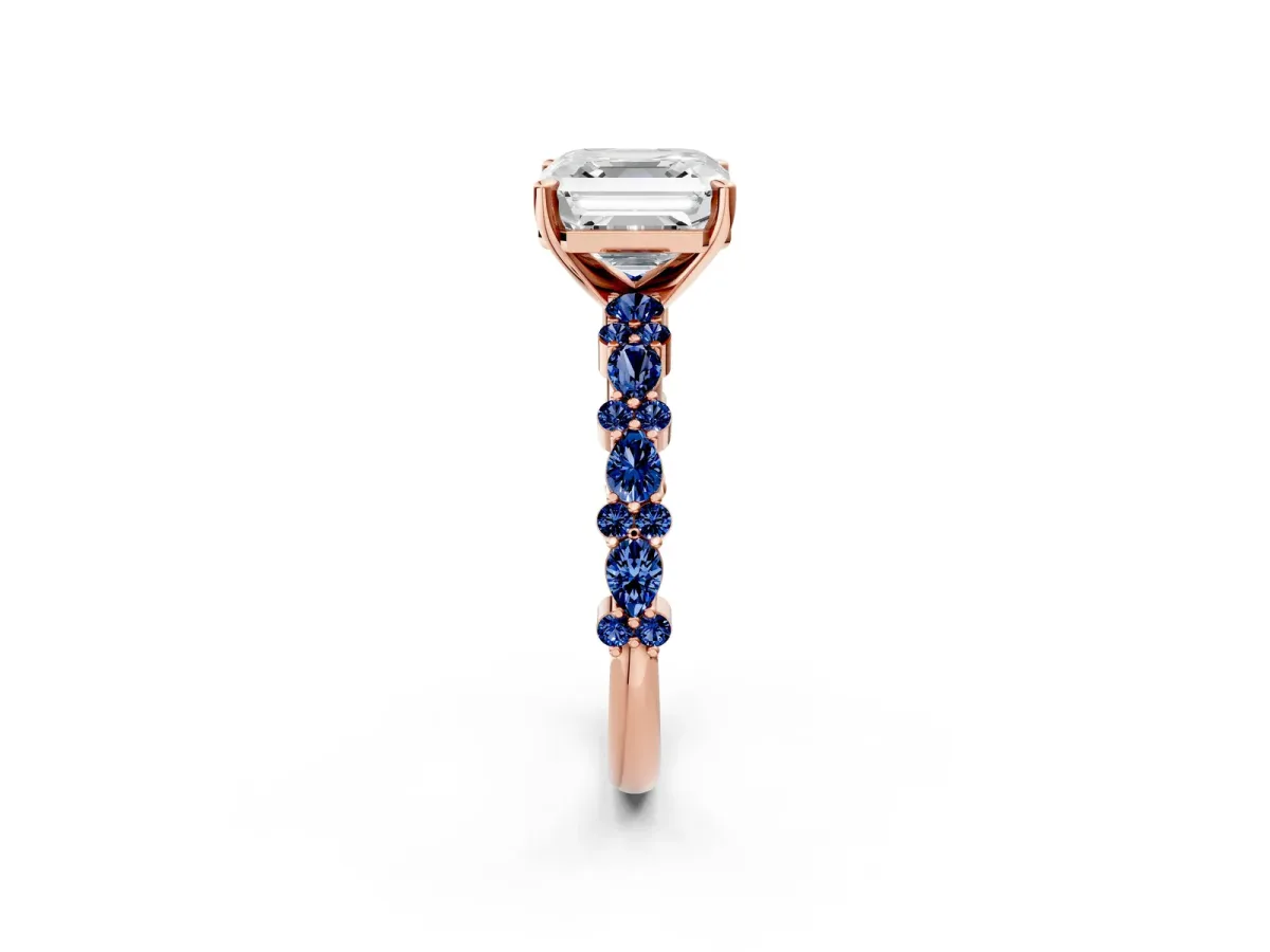 Asscher Cut Diamond Side Stone Solitaire Ring with Round Blue Sapphire and Four-Prong Setting Rose gold