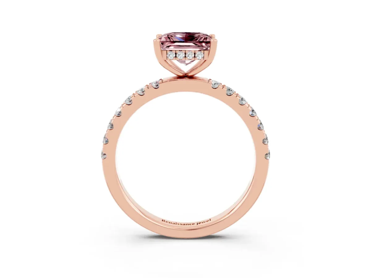 Princess Cut Morganite Pave Band Solitaire Ring with Round and Prong Setting Rose gold