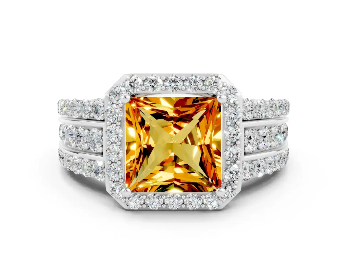 Princess Cut Halo Citrine Ring with Round Split Shank and Prong Setting White gold