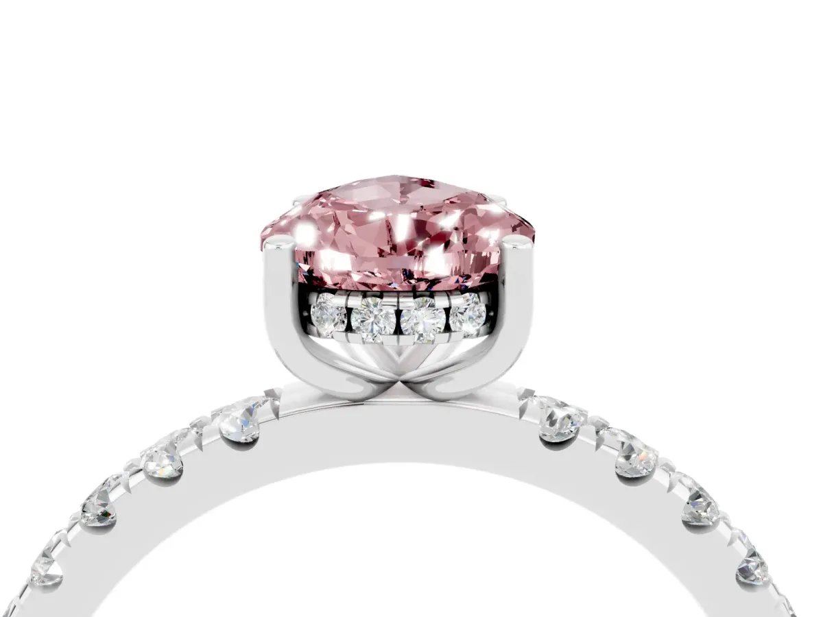 Pear Cut Morganite Pave Band Solitaire Ring with Round and Prong Setting Platinum