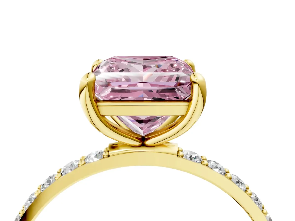 Fancy Pink Princess Cut Diamond Solitaire Ring with Round Pavé Band and Prong Setting Yellow gold