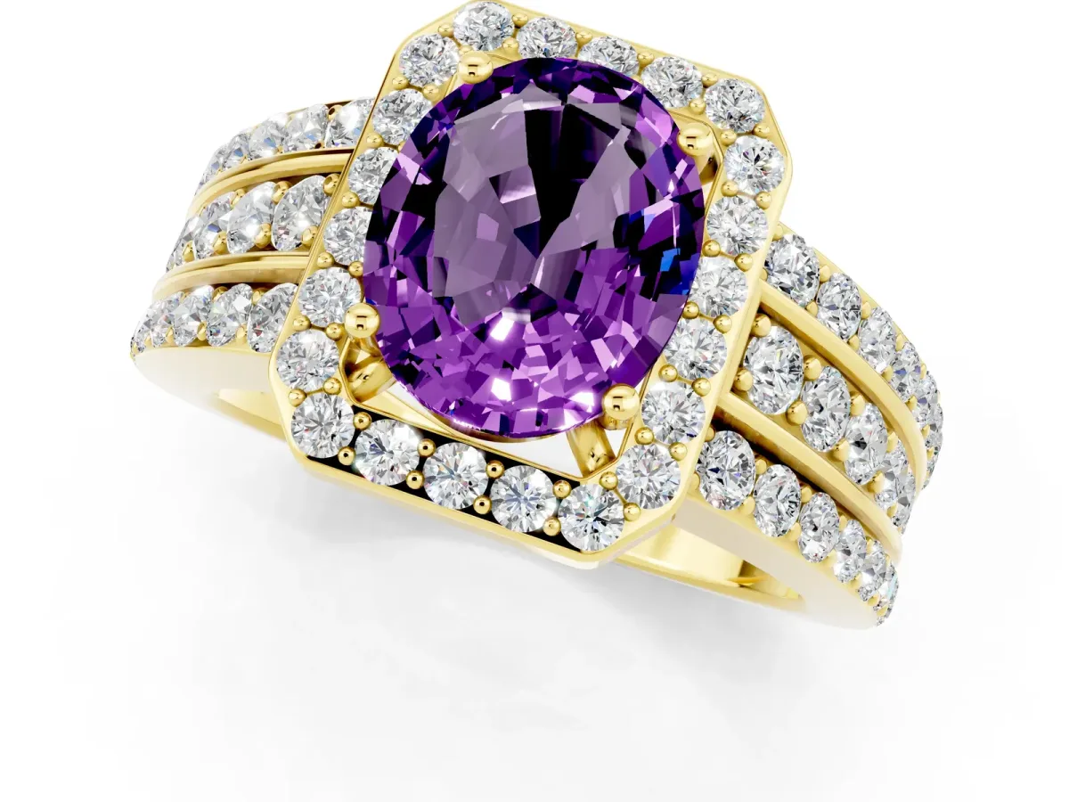 Oval Cut Halo Amethyst Ring with Round Split Shank and Prong Setting Yellow gold