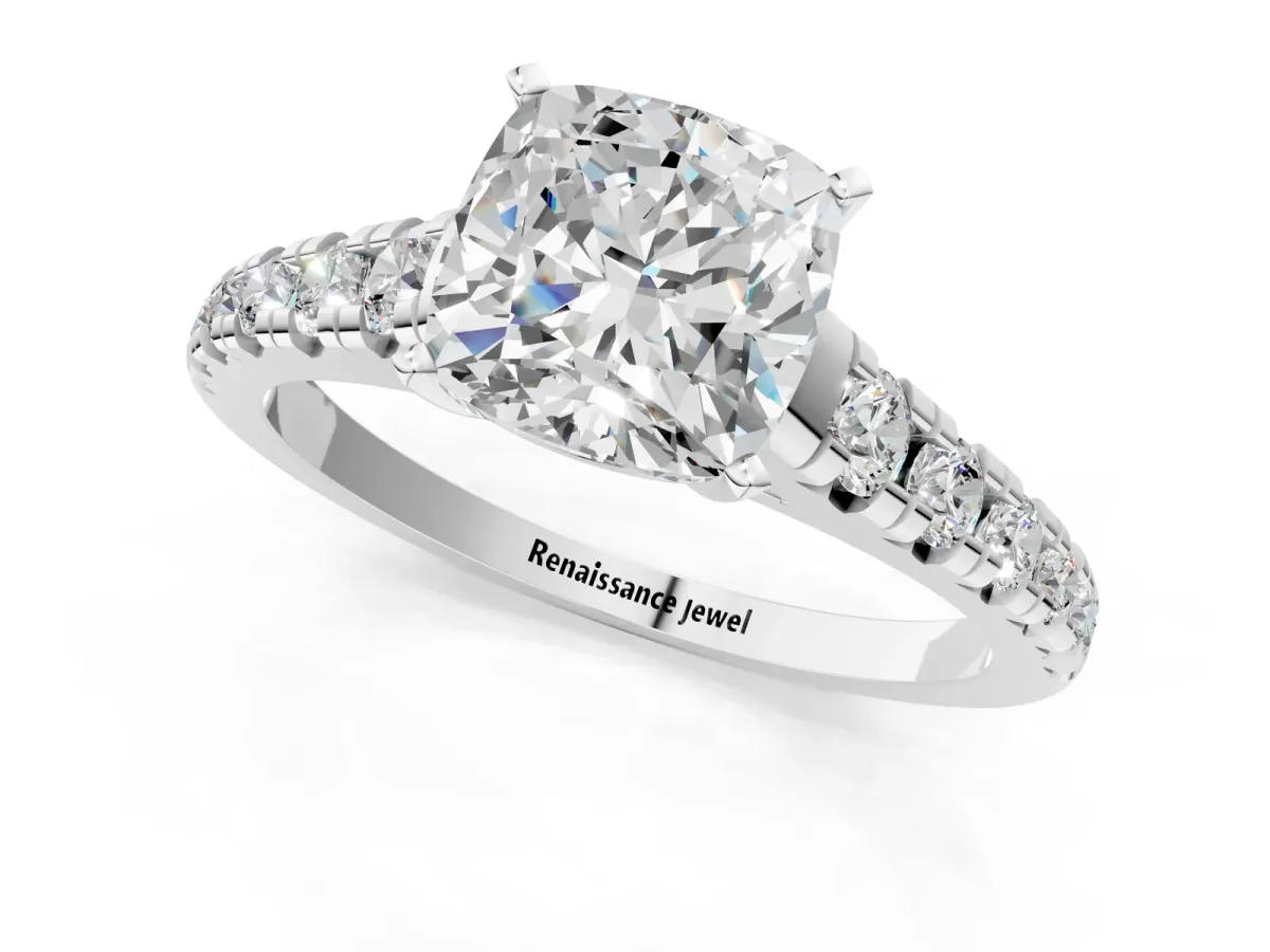 Cushion Cut Diamond Cathedral Solitaire Ring with Round Pavé Band Platinum
