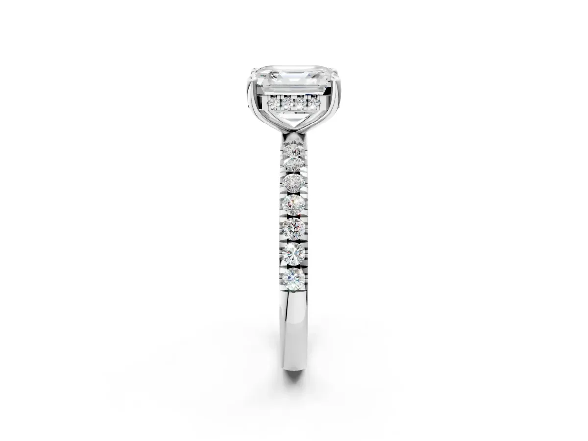 Asscher Cut Diamond Pave Band Solitaire Ring with Round and Prong Setting Platinum