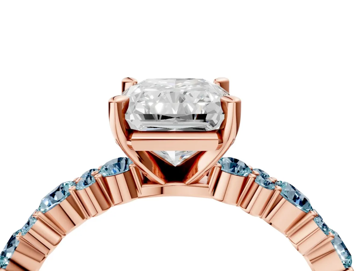 Radiant Cut Diamond Side Stone Solitaire Ring with Round Aquamarine and Four-Prong Setting Rose gold