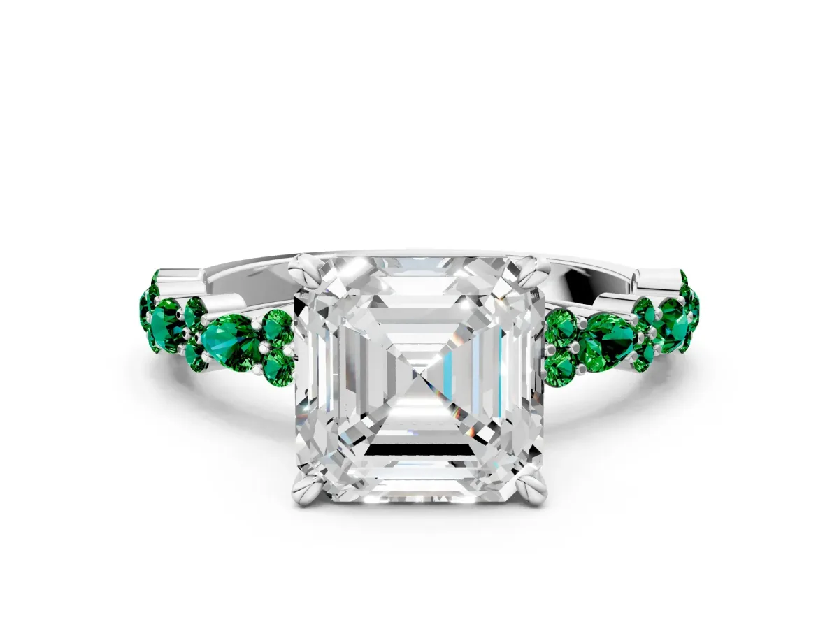 Asscher Cut Diamond Side Stone Solitaire Ring with Round Emerald and Four-Prong Setting Platinum