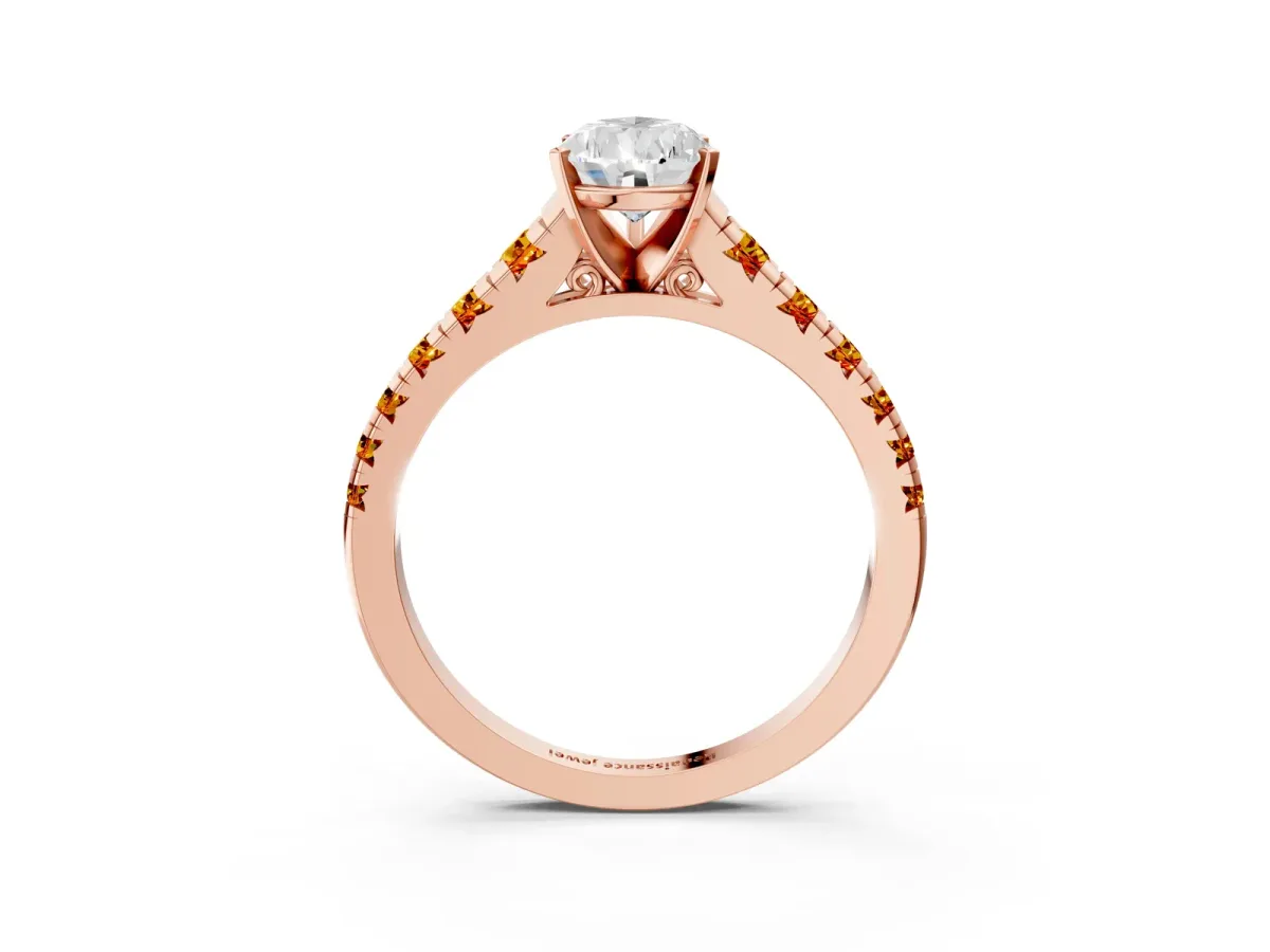 Pear Cut Diamond Cathedral Solitaire Ring with Round Citrine Pavé Band Rose gold