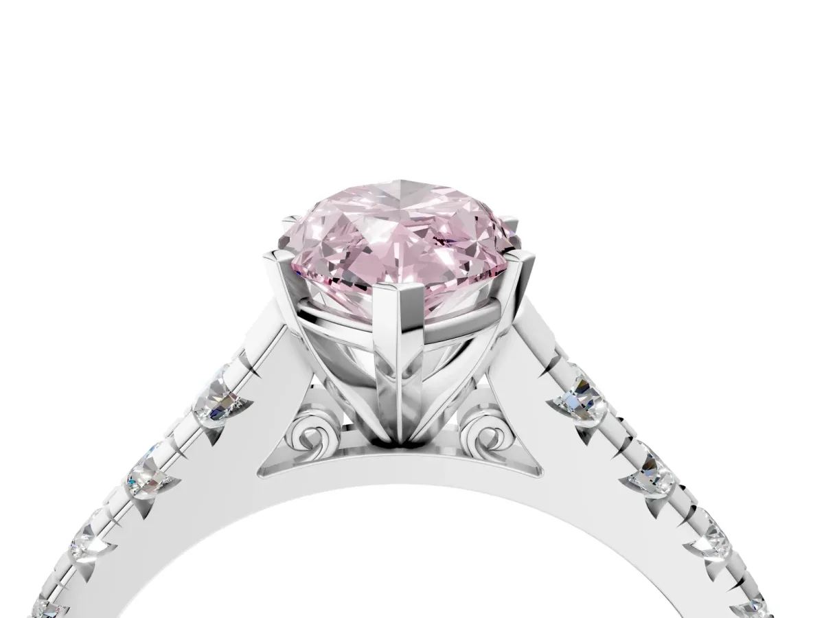 Fancy Pink Marquise Cut Diamond Cathedral Solitaire Ring with Round Pavé Band Platinum