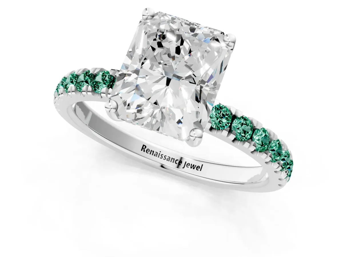 Radiant Cut Diamond Pave Band Solitaire Ring with Round Green Sapphire and Prong Setting Silver