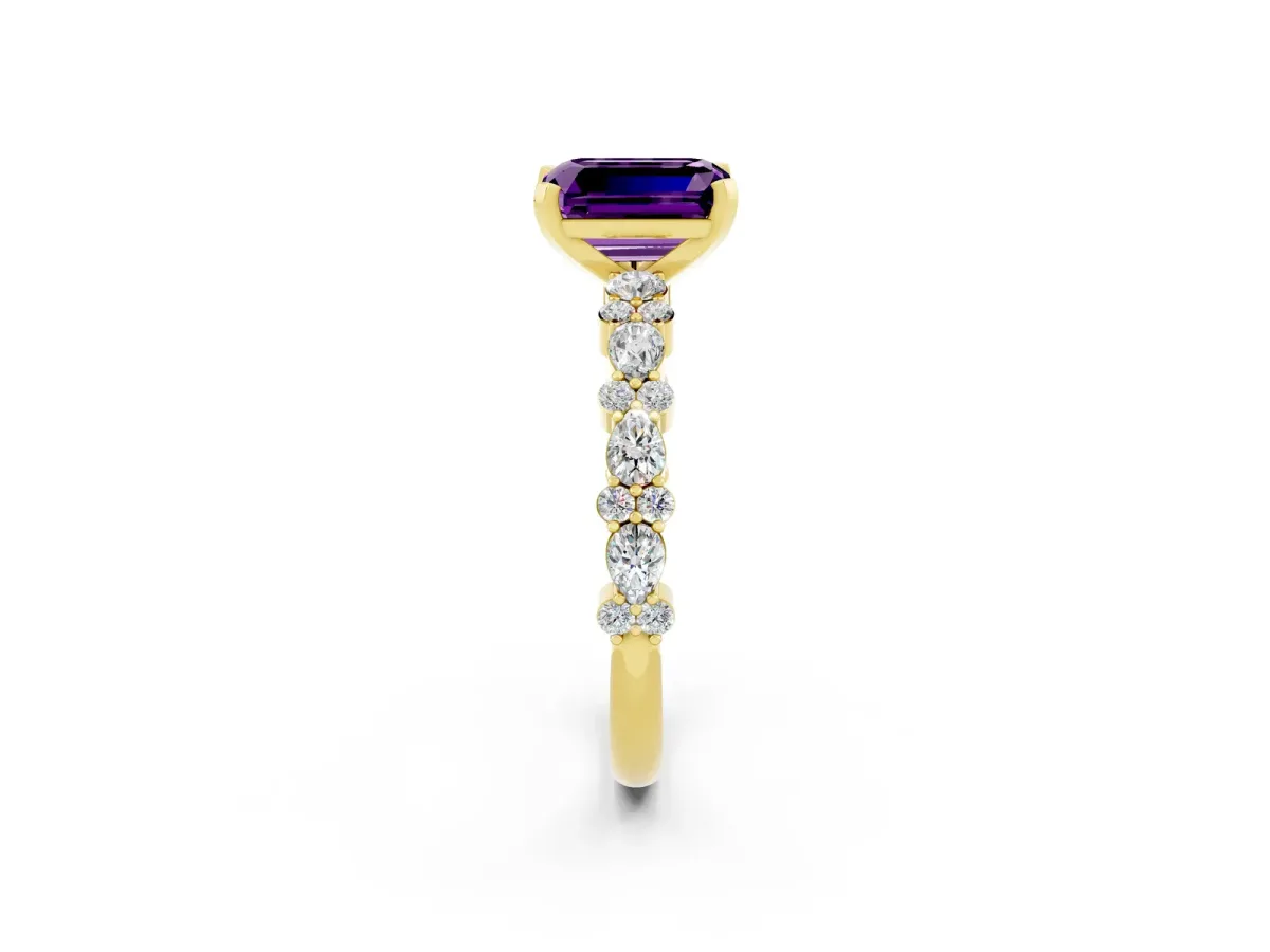 Emerald Cut Amethyst Side Stone Solitaire Ring with Round and Four-Prong Setting Yellow gold